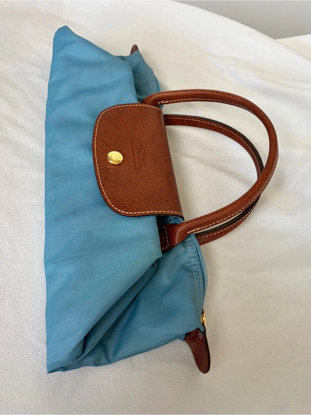 Longchamp Le Pliage Top-Handle Tote in Light Blue w Brown leather, GUC - Picture 16 of 16